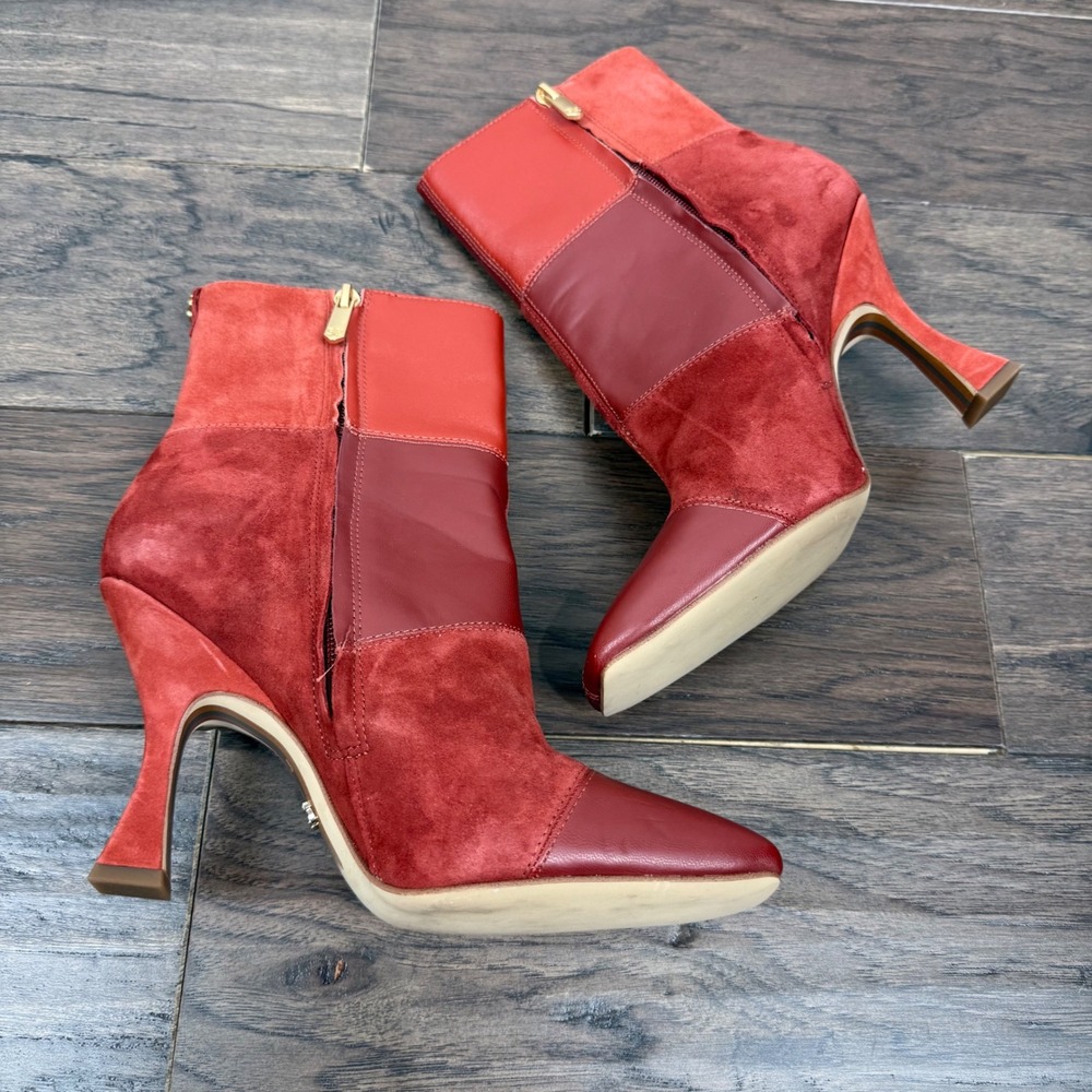 Sam Edelman Olina Patchwork Leather Suede Ankle Boots Red Flair Heel Square Toe - Picture 6 of 8